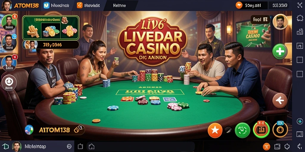 Screenshot gameplay ATOM138 menampilkan dealer langsung dan interaksi yang menghentak.
