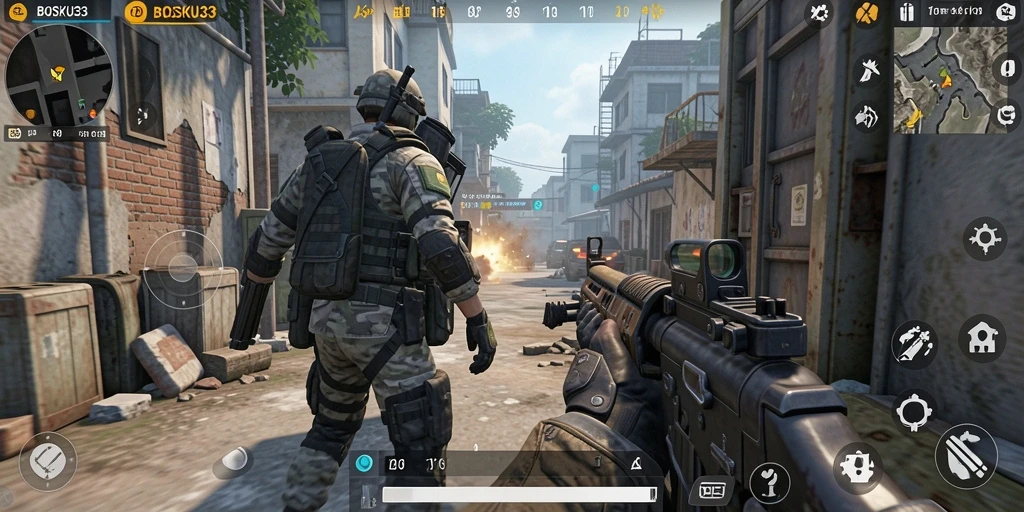 Gameplay mendebarkan dalam BOSKU33 dengan aksi tembak-menembak intens.