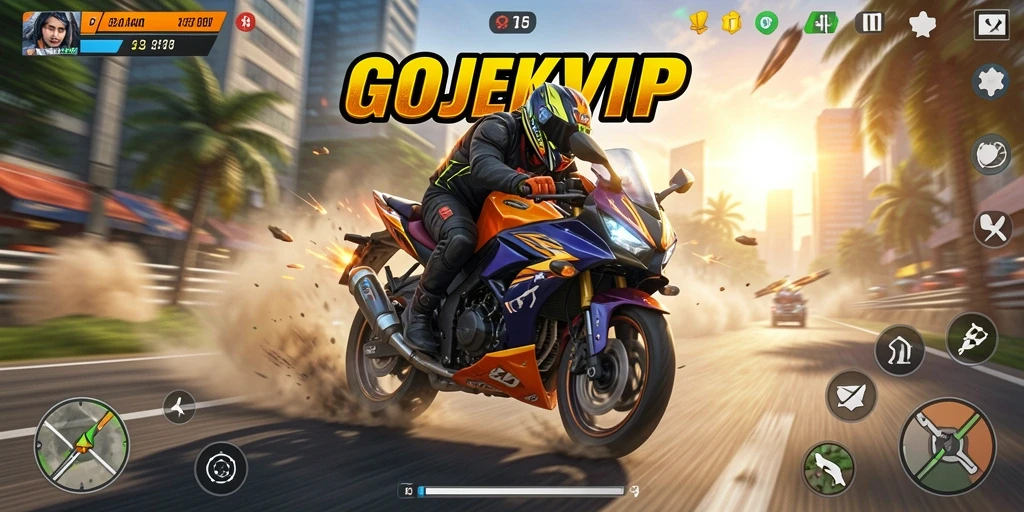 Tampilan gameplay mendebarkan dari GOJEKVIP dengan balapan motor yang seru.