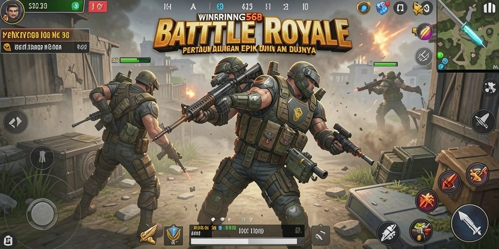 Tampilan gameplay <strong>WINNING568</strong> yang intens dalam pertempuran Battle Royale.